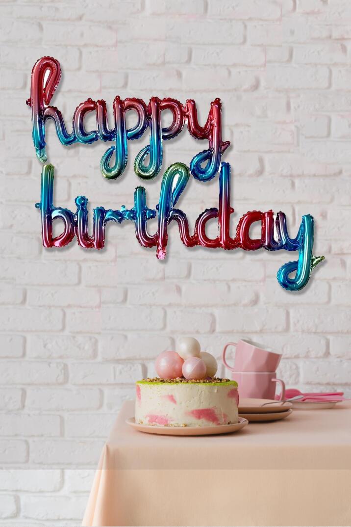 Happy Birthday El Yazısı İmza Folyo Balon Gökkuşağı Deniz Kızı Tema Balon - 1