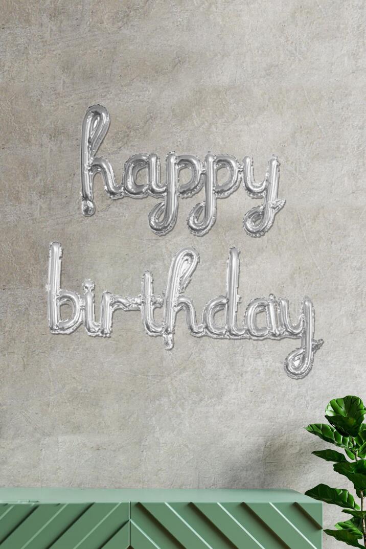 Happy Birthday El Yazısı İmza Folyo Balon Gümüş Renk Doğum Günü Parti Balonu - 1