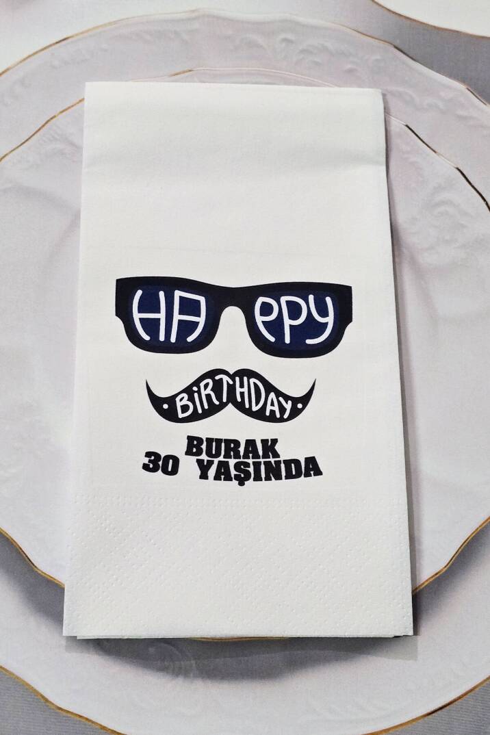 Happy Birthday Gözlük Bıyık Konsept Baskılı Peçete - 1