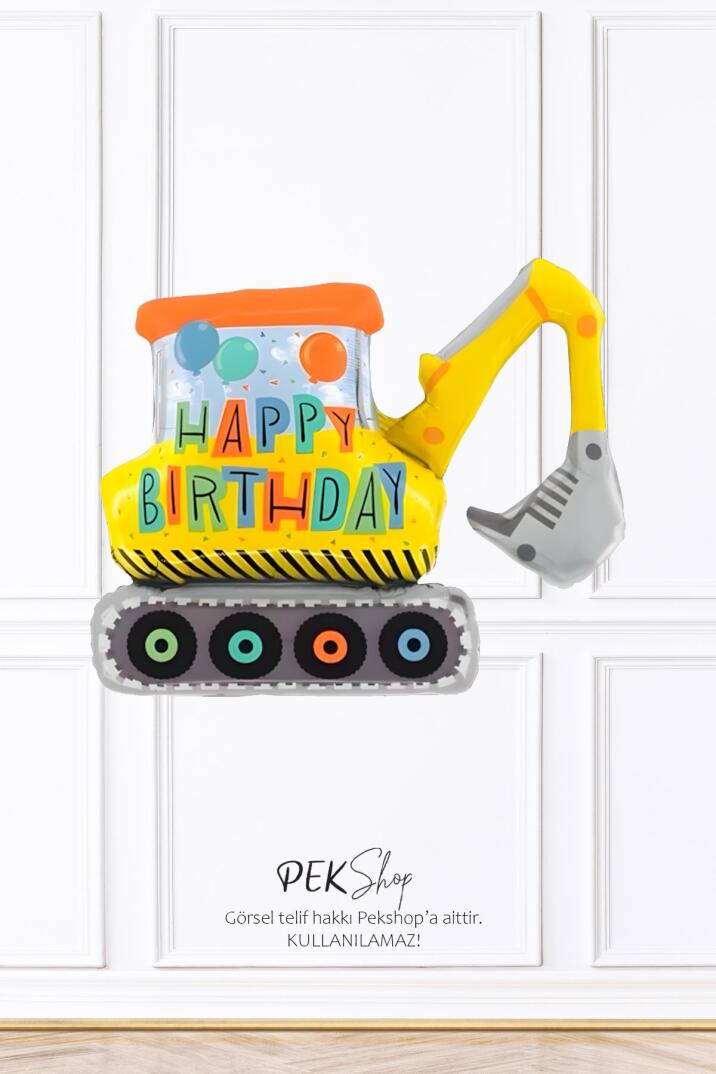 Happy Birthday Yazılı Büyük Kepçe Excavator Folyo Balon İnşaat Tema Ekskavatör Balon 100cm - 1
