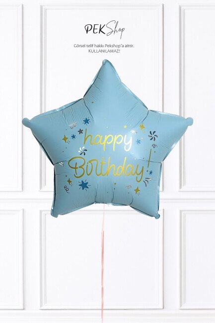 Happy Birthday Yazılı MAVİ Yıldız Balon Retro Yıldız Folyo Balon 45cm