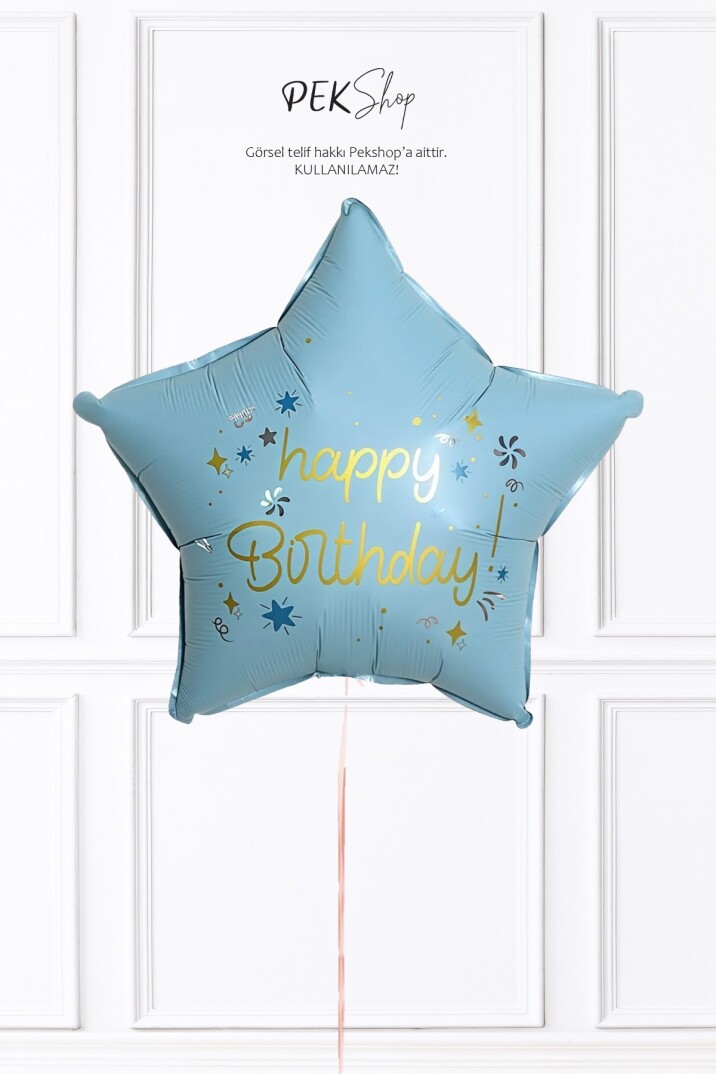 Happy Birthday Yazılı MAVİ Yıldız Balon Retro Yıldız Folyo Balon 45cm - 1