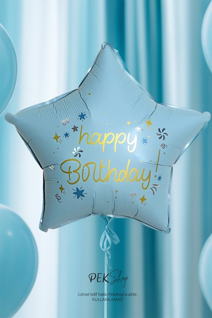 Happy Birthday Yazılı MAVİ Yıldız Balon Retro Yıldız Folyo Balon 45cm - 2