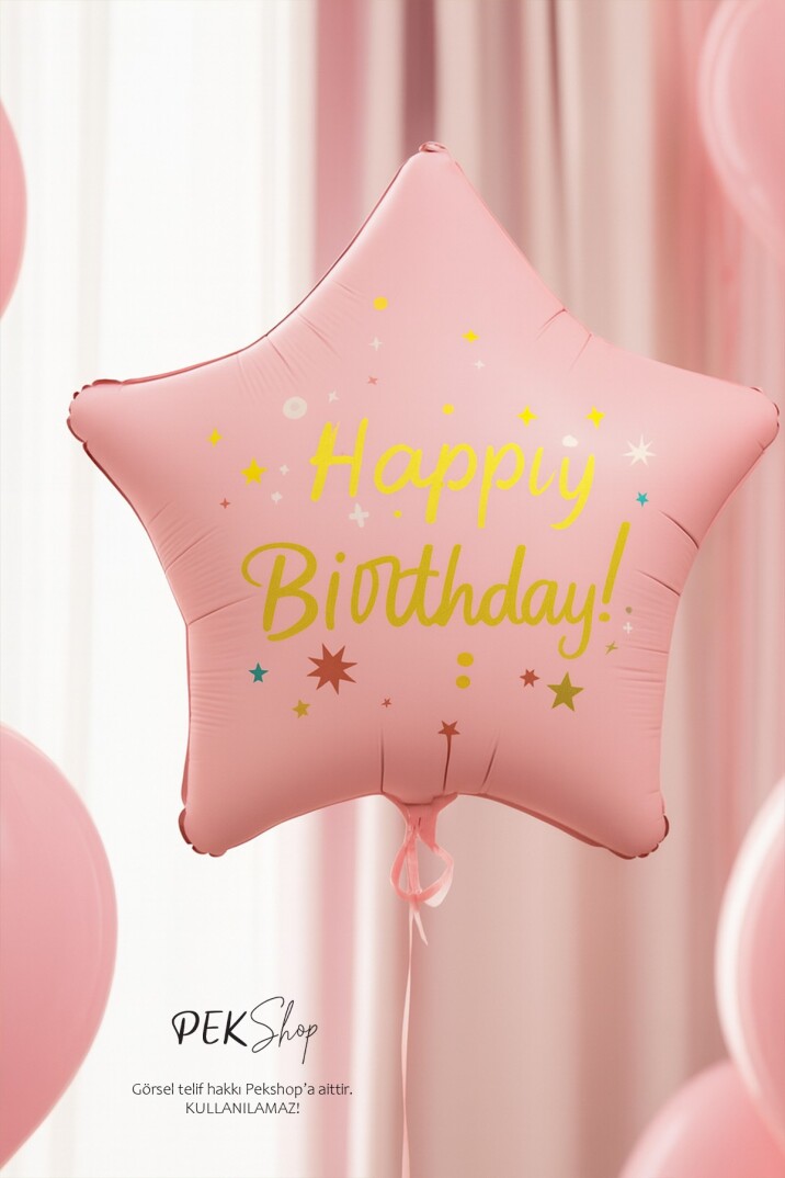Happy Birthday Yazılı PEMBE Yıldız Balon Retro Yıldız Folyo Balon 45cm - 1