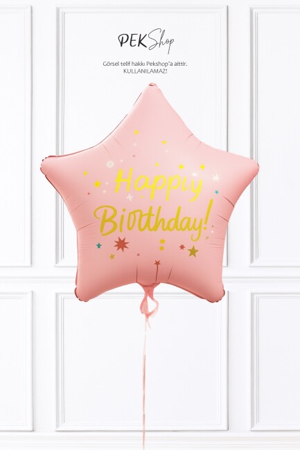 Happy Birthday Yazılı PEMBE Yıldız Balon Retro Yıldız Folyo Balon 45cm - 2