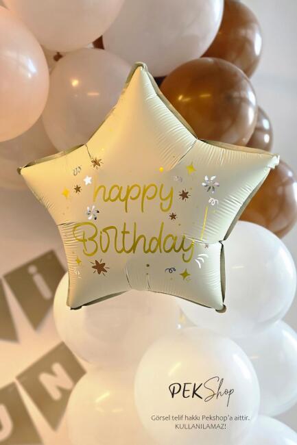 Happy Birthday Yazılı Retro Krem Yıldız Balon Retro Yıldız Folyo Balon 45cm - 1