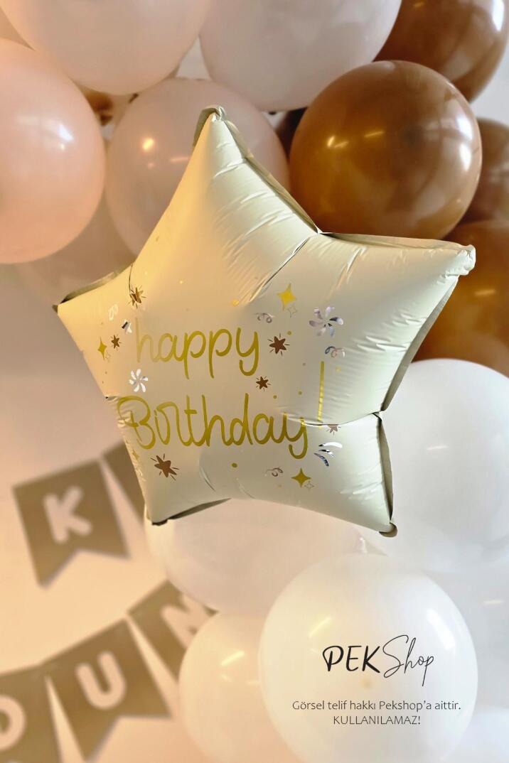 Happy Birthday Yazılı Retro Krem Yıldız Balon Retro Yıldız Folyo Balon 45cm - 2