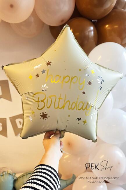 Happy Birthday Yazılı Retro Krem Yıldız Balon Retro Yıldız Folyo Balon 45cm - 3
