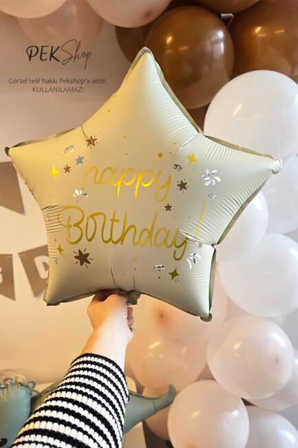 Happy Birthday Yazılı Retro Krem Yıldız Balon Retro Yıldız Folyo Balon 45cm - 4