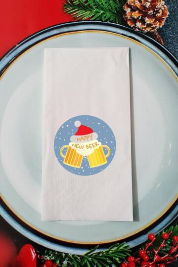 Happy New Beer Yazılı Biralı Tasarım Yılbaşı Sunum Peçetesi