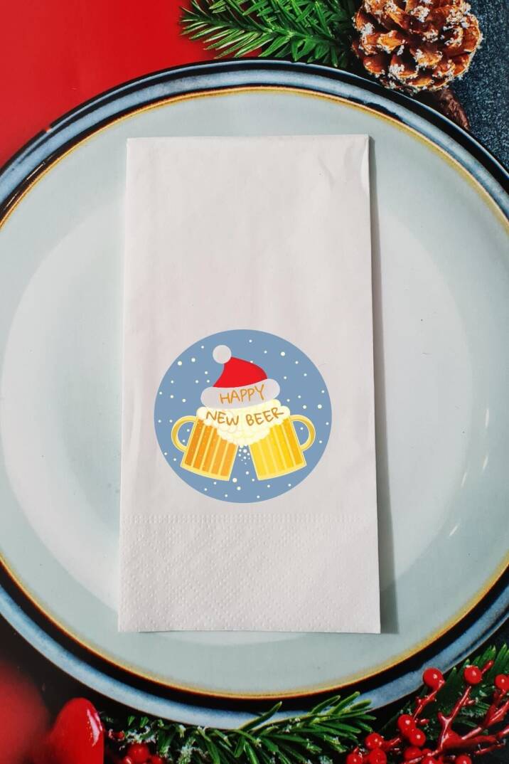 Happy New Beer Yazılı Biralı Tasarım Yılbaşı Sunum Peçetesi - 1