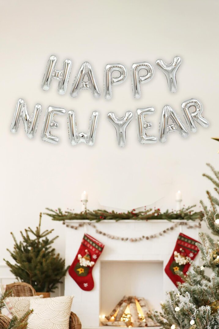 Happy New Year Balon Seti GÜMÜŞ Yılbaşı Balonları 40cm Harfler - 1