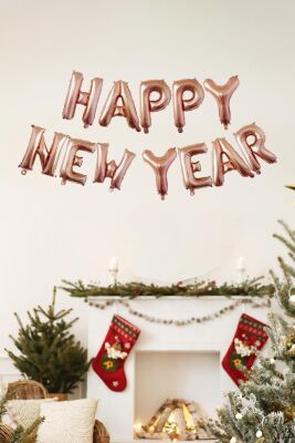 Happy New Year Balon Seti ROSE GOLD Yılbaşı Balonları 40cm Harfler