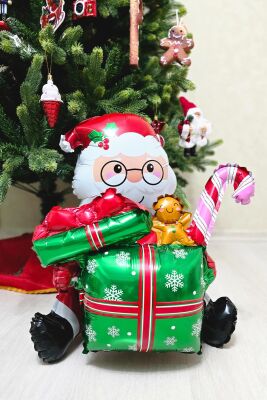 Hediye Paketi Tutan Noel Baba Folyo balon Oturan Noel Baba Yılbaşı Balonu - 1