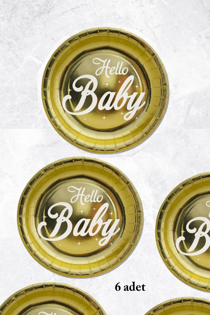 Hello Baby Yazılı Altın Varaklı Metalize Tabak Baby Shower Doğum Odası Tabağı 6lı Paket - 1