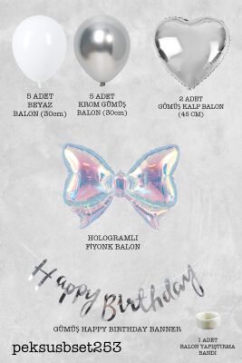 Hologram Fiyonk Gümüş Kalp Folyo Balonlu Gümüş Beyaz Doğum Günü Balon Seti Set253 - 2