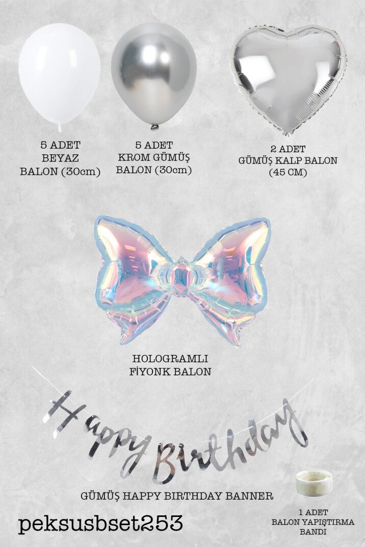 Hologram Fiyonk Gümüş Kalp Folyo Balonlu Gümüş Beyaz Doğum Günü Balon Seti Set253 - 2