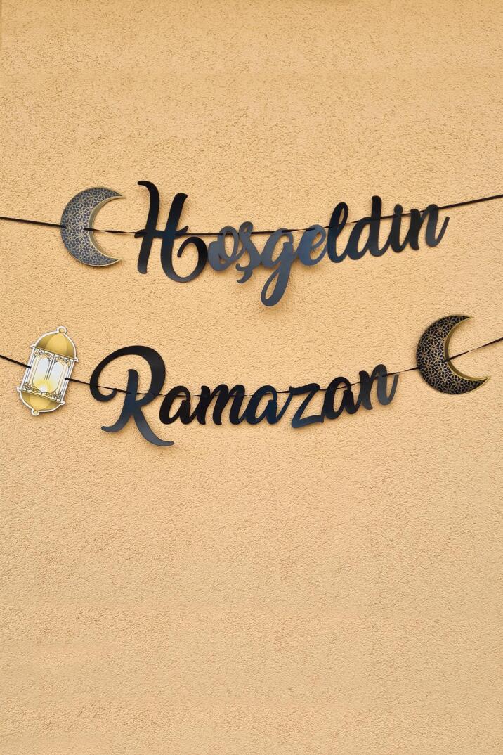 Hoşgeldin Ramazan Lacivert Kaligrafi Banner İpe Dizili Ramazan Süsü - 1