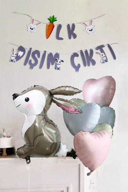 İlk Dişim Çıktı Tavşan ve Kalp Balonlu Süsleme Seti Diş Buğdayı Süsleri Bannerlı Paket - 1