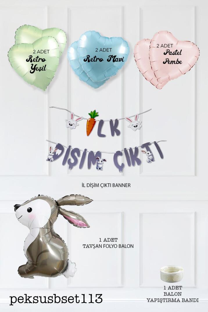 İlk Dişim Çıktı Tavşan ve Kalp Balonlu Süsleme Seti Diş Buğdayı Süsleri Bannerlı Paket - 2