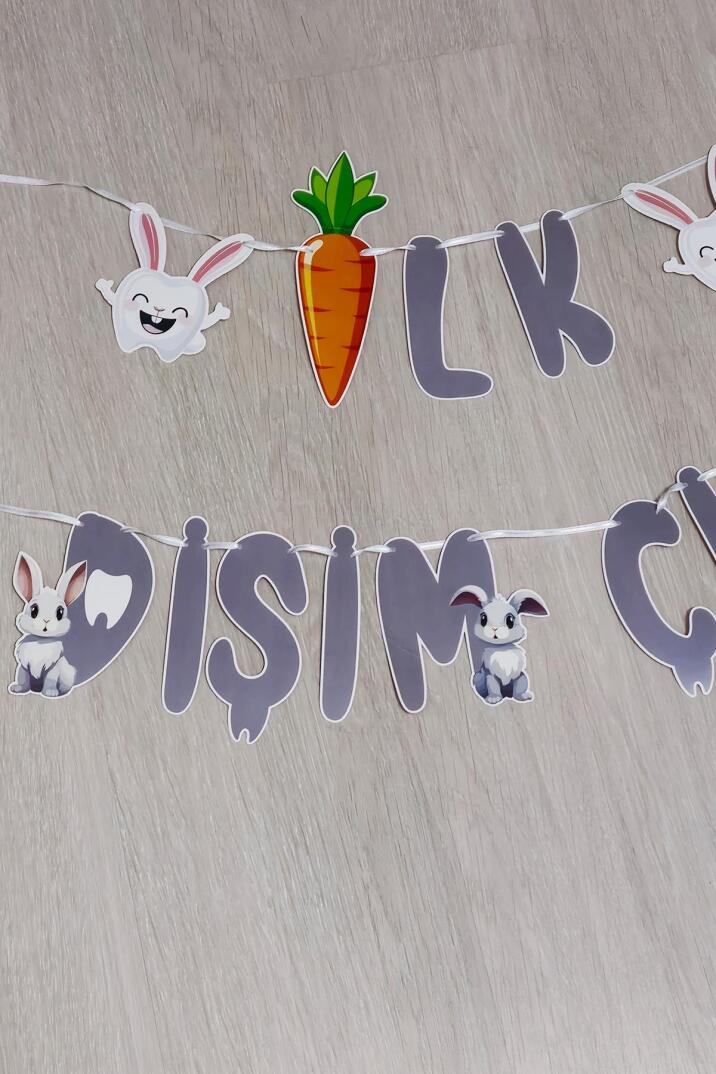 İlk Dişim Çıktı Tavşan ve Kalp Balonlu Süsleme Seti Diş Buğdayı Süsleri Bannerlı Paket - 3