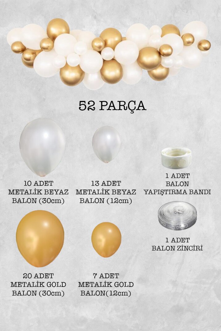 İnci Tanesi Konsept Gold Beyaz Balon Zinciri 52 Parça - 2