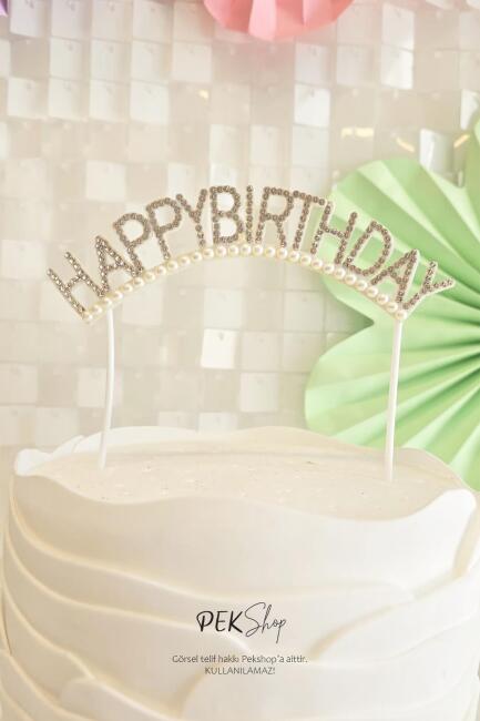 İncili Happy Birthday Yazılı Pasta Süsü