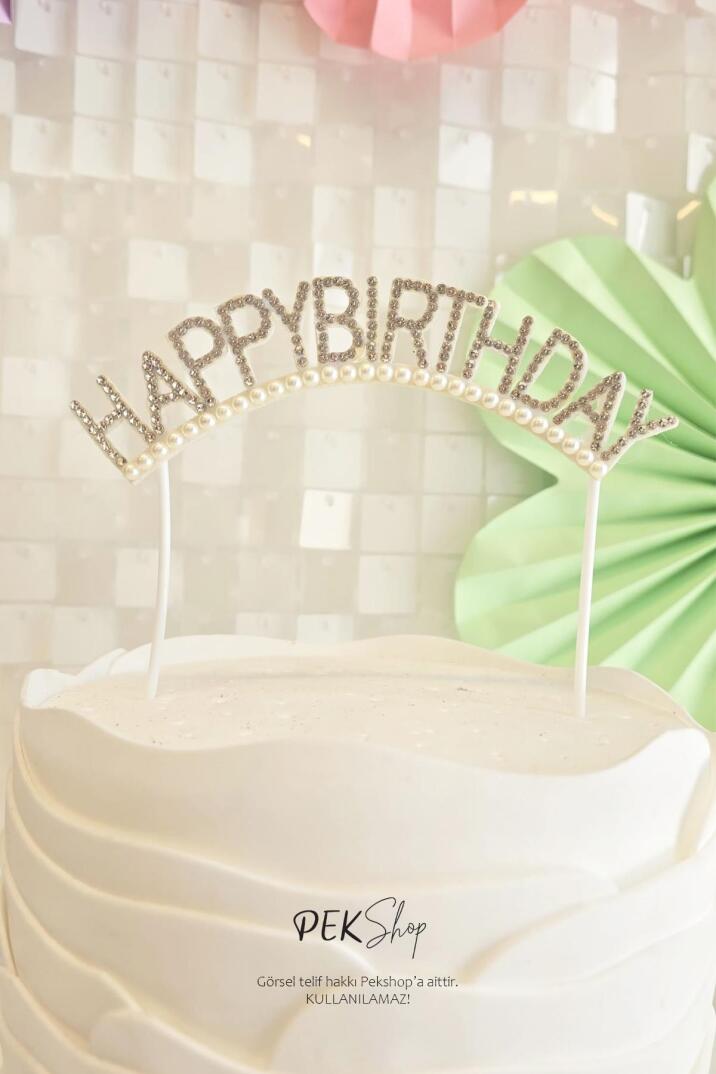 İncili Happy Birthday Yazılı Pasta Süsü - 1