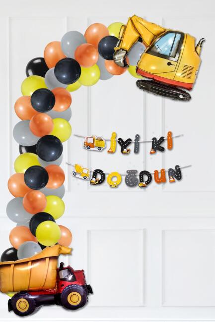 İnşaat Araçları Doğum Günü Konsepti Parti Seti Banner İnşaat Tema Balon Zinciri Seti - 1