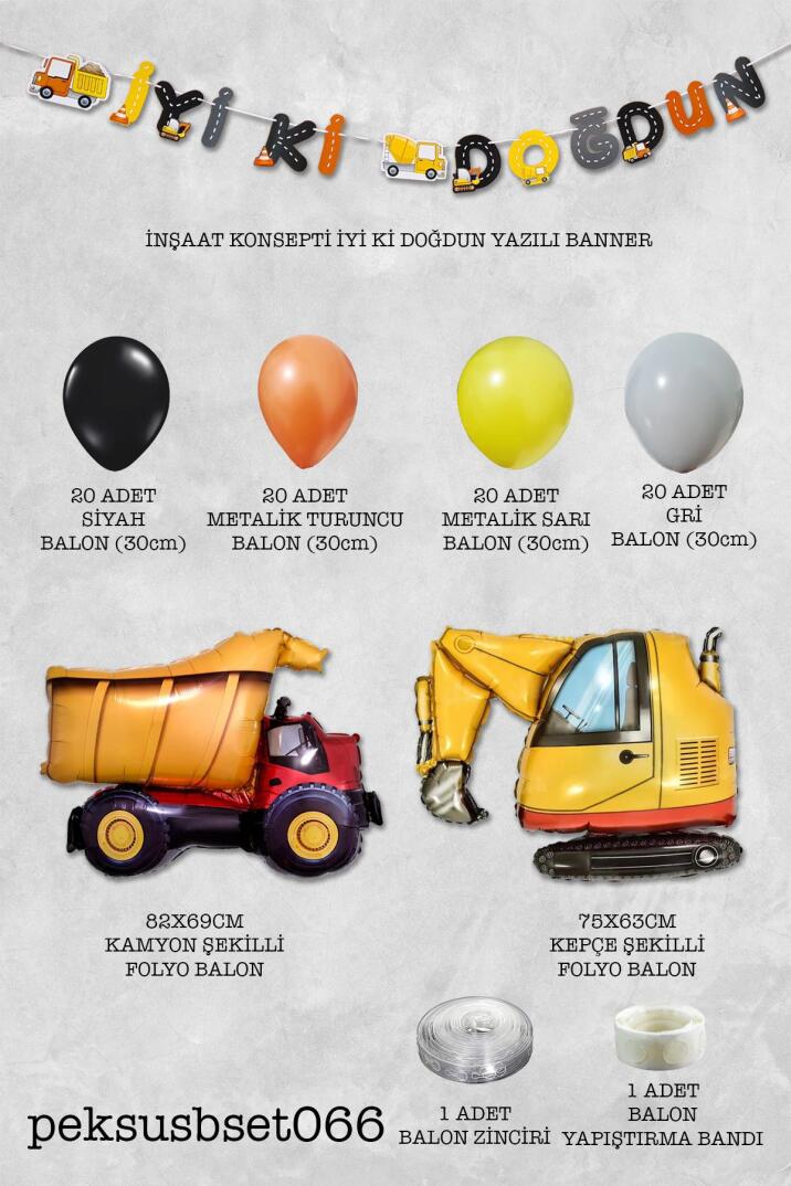İnşaat Araçları Doğum Günü Konsepti Parti Seti Banner İnşaat Tema Balon Zinciri Seti - 2