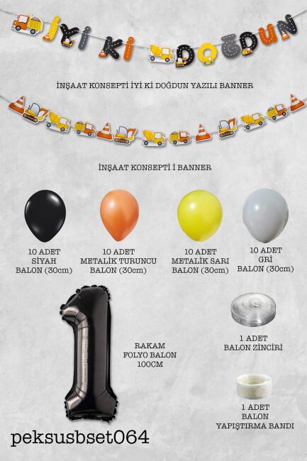 İnşaat Doğum Günü Balon Zinciri Yaş Balonlu Parti Süsleme Seti Bannerlı Rakam Balonlu Paket - 2