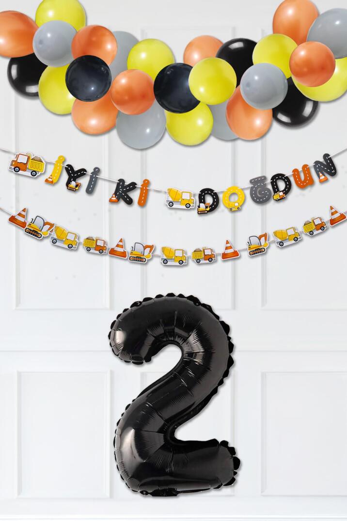 İnşaat Doğum Günü Balon Zinciri Yaş Balonlu Parti Süsleme Seti Bannerlı Rakam Balonlu Paket - 3