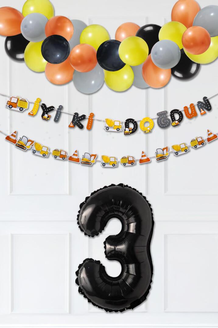 İnşaat Doğum Günü Balon Zinciri Yaş Balonlu Parti Süsleme Seti Bannerlı Rakam Balonlu Paket - 5