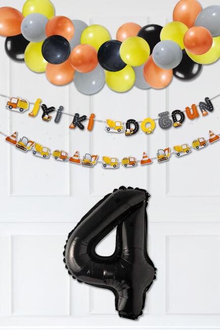 İnşaat Doğum Günü Balon Zinciri Yaş Balonlu Parti Süsleme Seti Bannerlı Rakam Balonlu Paket - 7