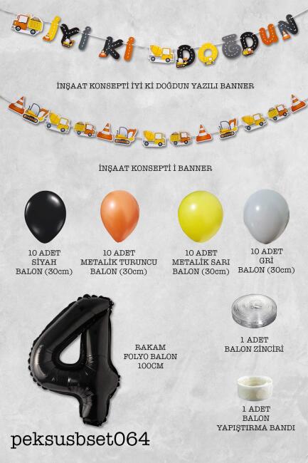 İnşaat Doğum Günü Balon Zinciri Yaş Balonlu Parti Süsleme Seti Bannerlı Rakam Balonlu Paket - 8