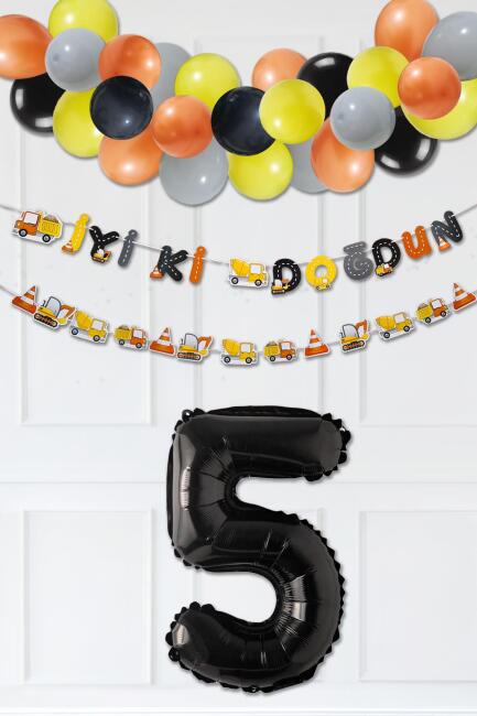 İnşaat Doğum Günü Balon Zinciri Yaş Balonlu Parti Süsleme Seti Bannerlı Rakam Balonlu Paket - 9