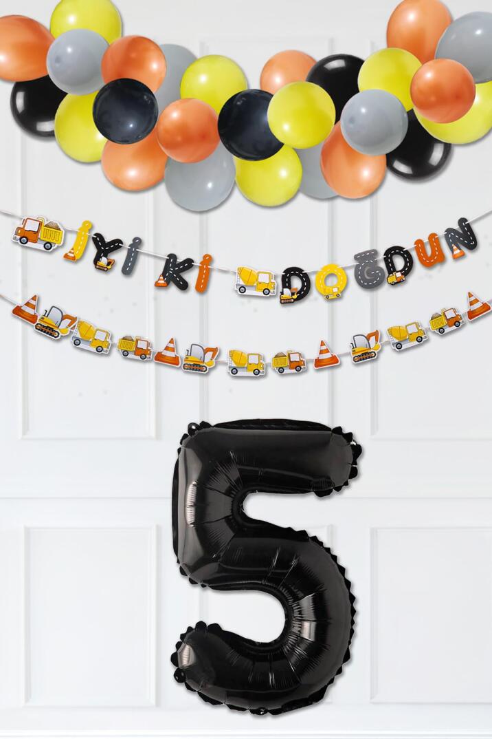 İnşaat Doğum Günü Balon Zinciri Yaş Balonlu Parti Süsleme Seti Bannerlı Rakam Balonlu Paket - 9