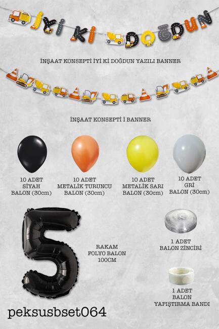 İnşaat Doğum Günü Balon Zinciri Yaş Balonlu Parti Süsleme Seti Bannerlı Rakam Balonlu Paket - 10