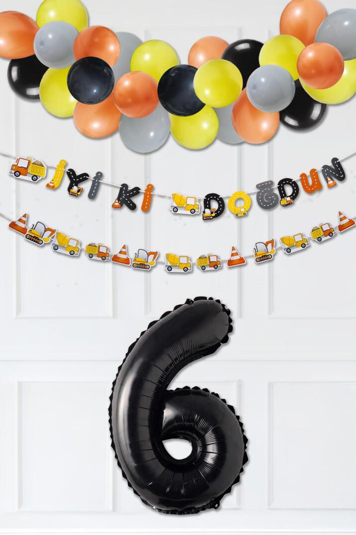 İnşaat Doğum Günü Balon Zinciri Yaş Balonlu Parti Süsleme Seti Bannerlı Rakam Balonlu Paket - 11