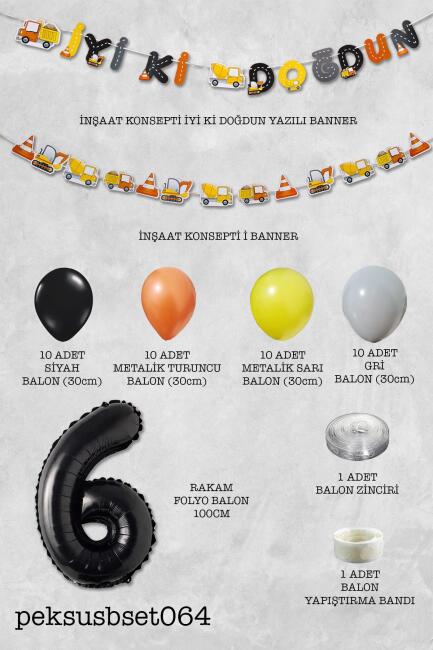 İnşaat Doğum Günü Balon Zinciri Yaş Balonlu Parti Süsleme Seti Bannerlı Rakam Balonlu Paket - 12