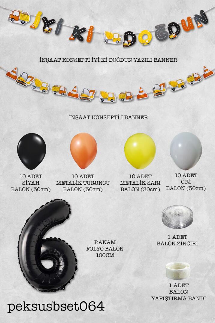 İnşaat Doğum Günü Balon Zinciri Yaş Balonlu Parti Süsleme Seti Bannerlı Rakam Balonlu Paket - 12