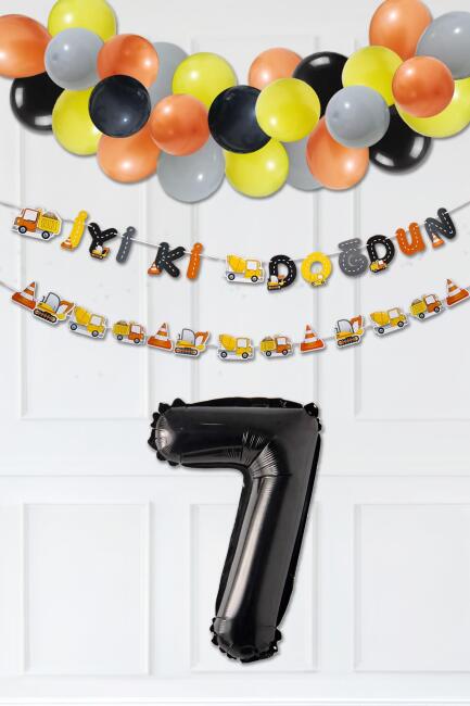 İnşaat Doğum Günü Balon Zinciri Yaş Balonlu Parti Süsleme Seti Bannerlı Rakam Balonlu Paket - 13