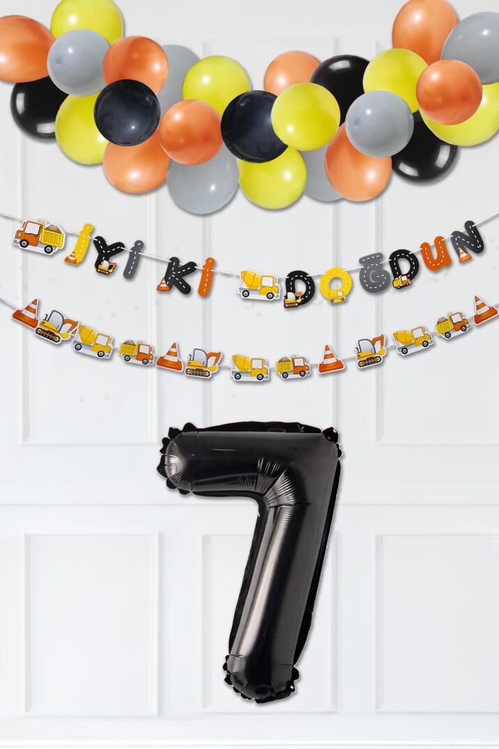 İnşaat Doğum Günü Balon Zinciri Yaş Balonlu Parti Süsleme Seti Bannerlı Rakam Balonlu Paket - 13