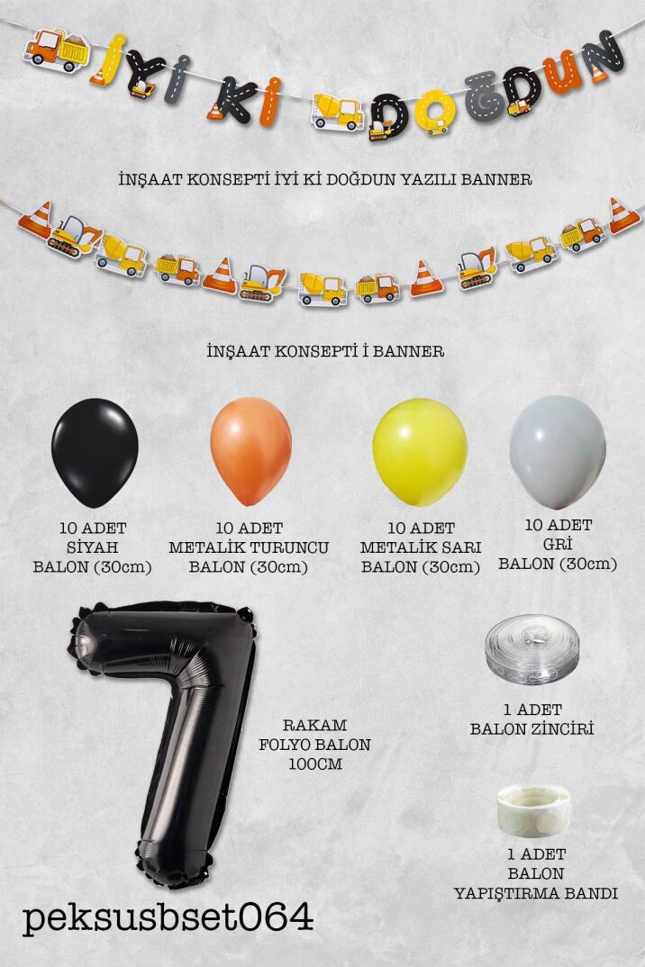 İnşaat Doğum Günü Balon Zinciri Yaş Balonlu Parti Süsleme Seti Bannerlı Rakam Balonlu Paket - 14
