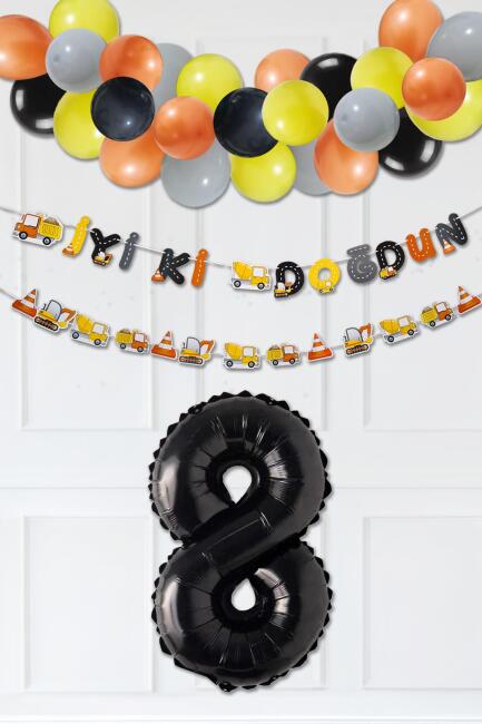 İnşaat Doğum Günü Balon Zinciri Yaş Balonlu Parti Süsleme Seti Bannerlı Rakam Balonlu Paket - 15