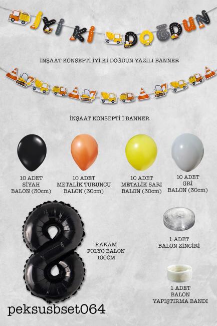 İnşaat Doğum Günü Balon Zinciri Yaş Balonlu Parti Süsleme Seti Bannerlı Rakam Balonlu Paket - 16