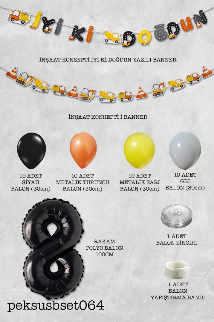 İnşaat Doğum Günü Balon Zinciri Yaş Balonlu Parti Süsleme Seti Bannerlı Rakam Balonlu Paket - 16
