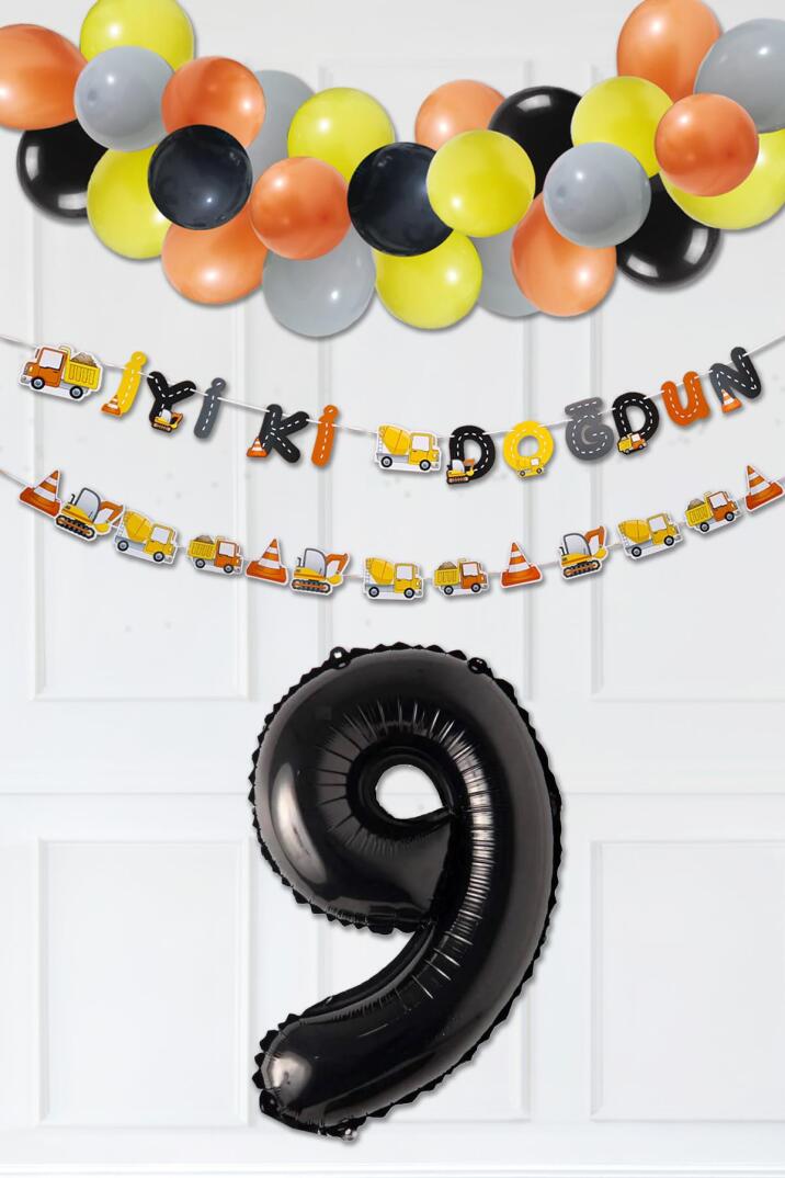İnşaat Doğum Günü Balon Zinciri Yaş Balonlu Parti Süsleme Seti Bannerlı Rakam Balonlu Paket - 17