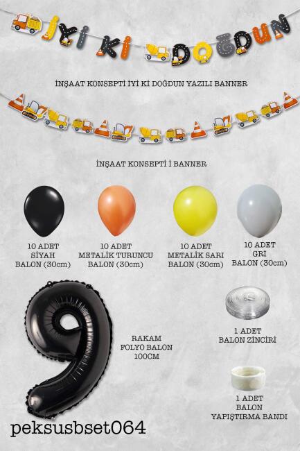 İnşaat Doğum Günü Balon Zinciri Yaş Balonlu Parti Süsleme Seti Bannerlı Rakam Balonlu Paket - 18