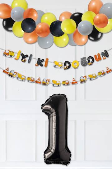 İnşaat Doğum Günü Balon Zinciri Yaş Balonlu Parti Süsleme Seti Bannerlı Rakam Balonlu Paket - 1
